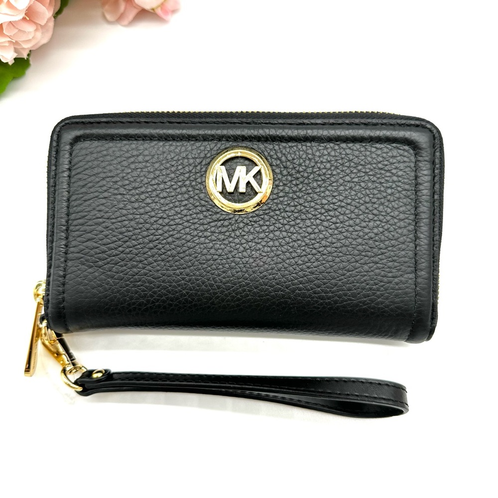 MICHAEL KORS Fulton Flat MF Phone Card Case Wristlet Wallet Solid Black/ Gold
